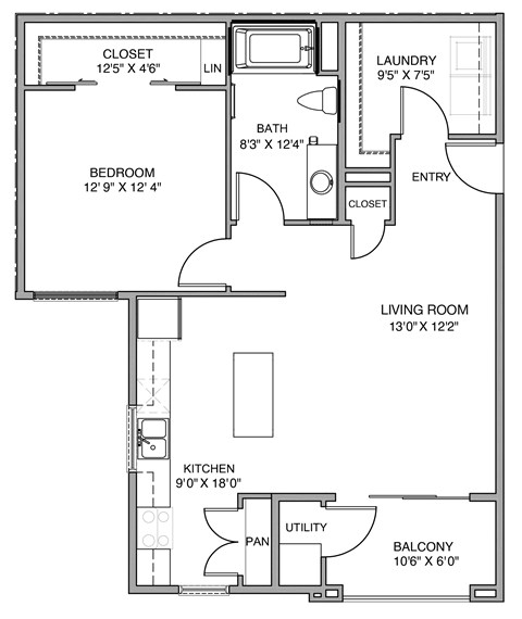 Floor plan for 1 bed, 1 bath, 899 sqft